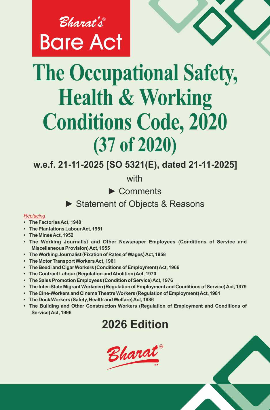 Buy THE OCCUPATIONAL SAFETY HEALTH AND WORKING CONDITIONS CODE 2020 NEW | BHARAT LAW HOUSE | 2026 | WITH COMMENTS | BEST BARE ACT | LATEST EDITION | Buy THE OCCUPATIONAL SAFETY HEALTH AND WORKING CONDITIONS CODE 2020 NEW | BHARAT LAW HOUSE | 2026 | WITH COMMENTS | BEST BARE ACT | LATEST EDITION |